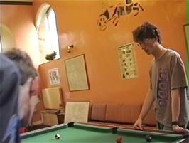Oliver and John squeeze in a last-minute game of Pool in the Common Room at Greenhead Youth Hostel